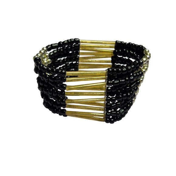 Black Goldtone Silvertone Beaded Stretch Bracelet Seed Beads Metallic Accents - Picture 1 of 5